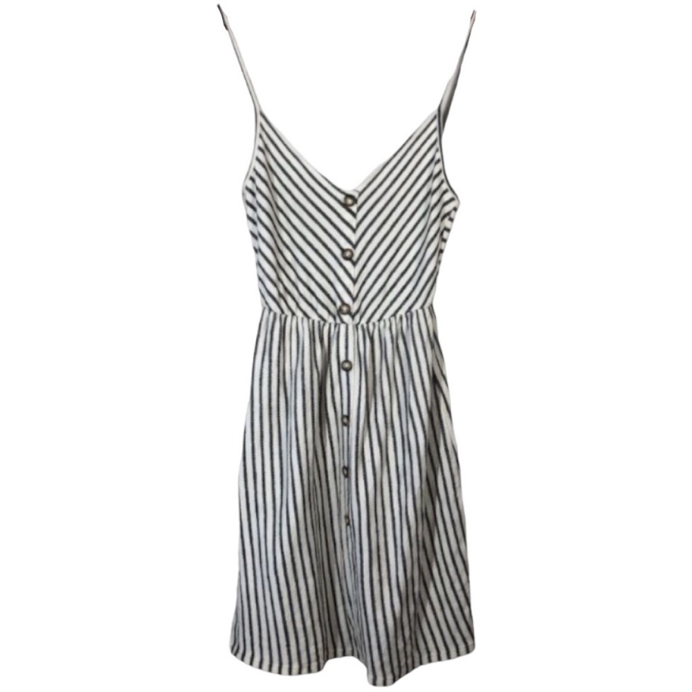 4/$45 CAUTION TO THE WIND Black Off White Striped Sleeveless Mid Terry Dress Med